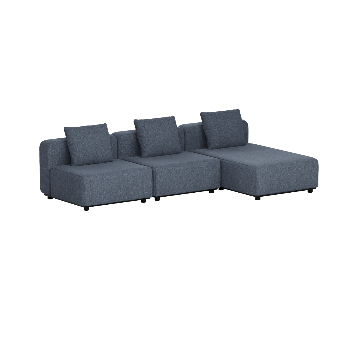 Mørkegrå modulbasert utendørs loungesofa med tre seter og sjeselong fra sackit for hage og terrasse i skandinavisk design