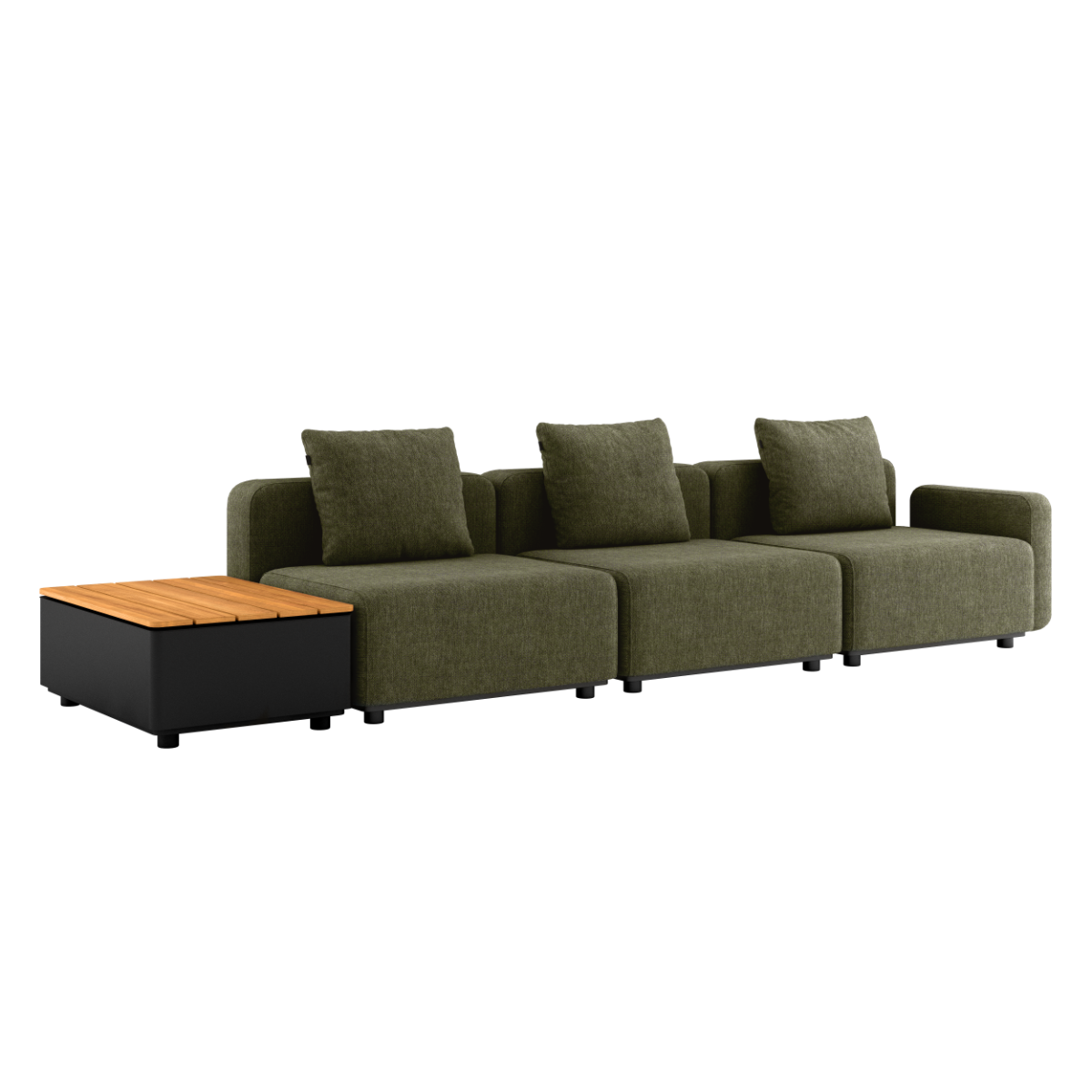Cobana Lounge Sofa 3-seter i Kirra Olive med aluminiumsramme og Patio Storage Table i svart og teak.