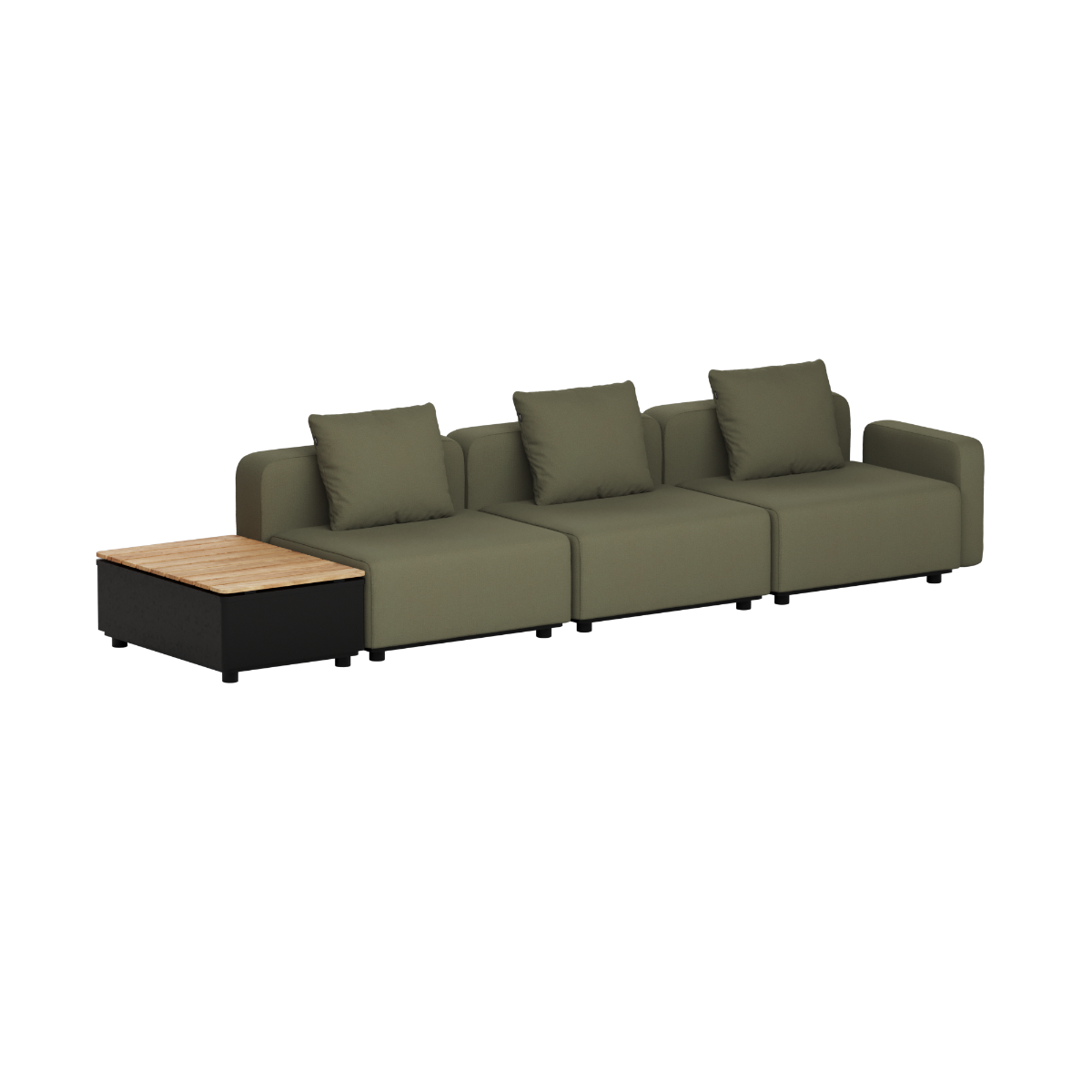 Olivengrønn modulbasert loungesofa for utebruk med tre sitteplasser og integrert oppbevaringsbord i teak fra sackit