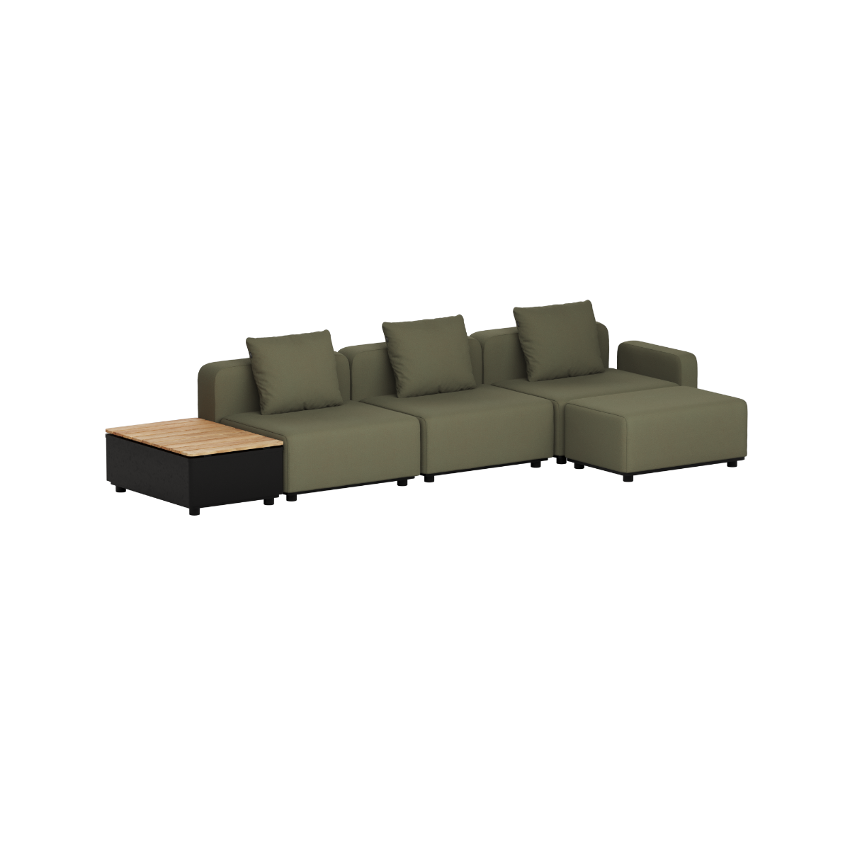 Olivegrønn modulbasert loungesofa fra sackit med tre sitteplasser og integrert oppbevaringsbord i tre for terrasse eller hage
