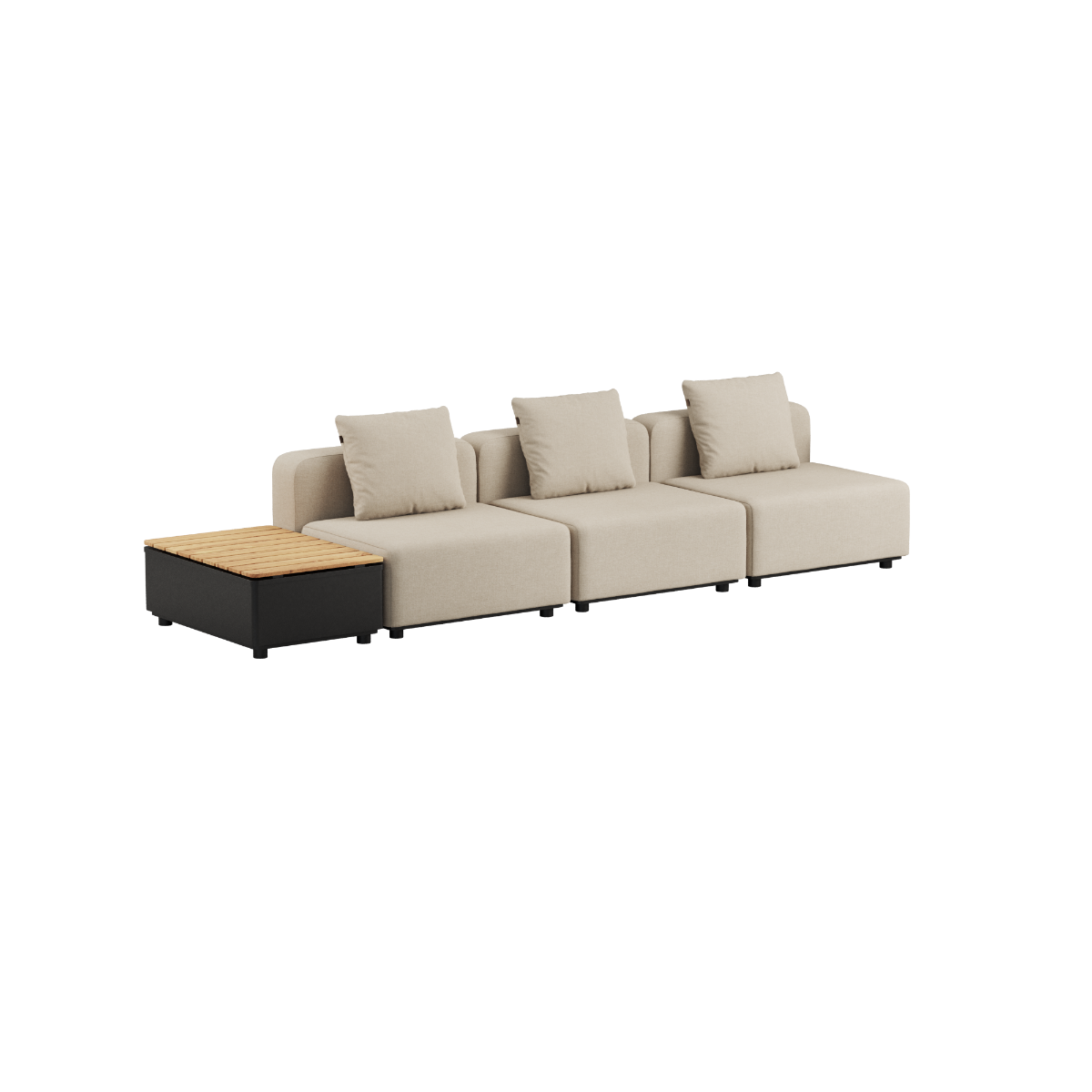 Kirra Sand Cobana Lounge Sofa uten armlener og puff med Patio Storage Table i aluminium og teaktre.
