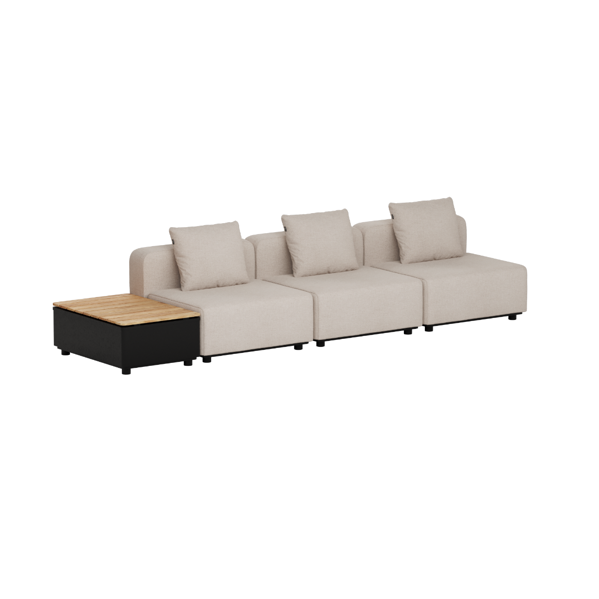 Beige modulbasert treseters utesofa fra sackit med tre puter og integrert oppbevaringsbord i teak for terrasse og hage