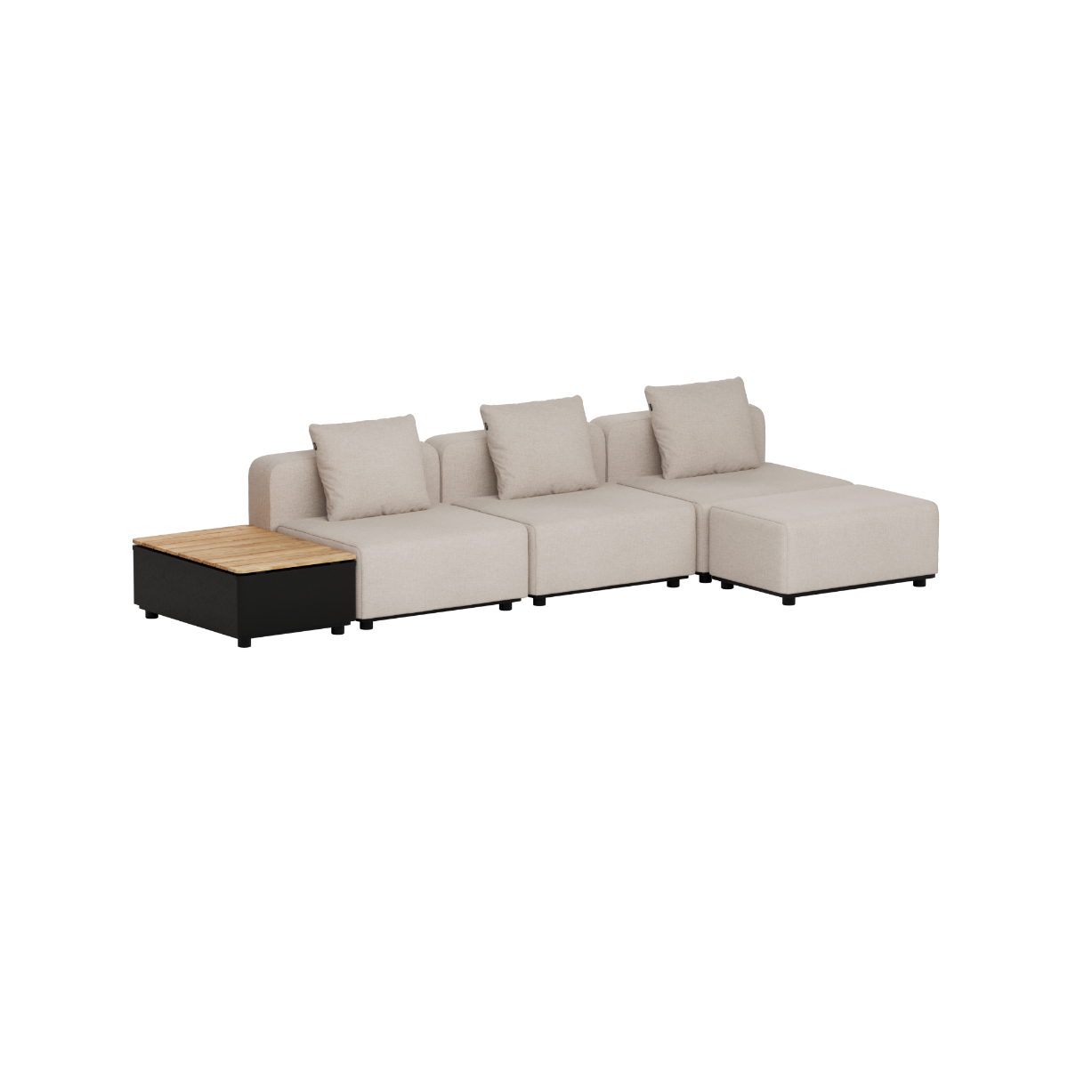 sackit Cobana modulbasert utesofa i beige med tre sitteplasser og integrert sidebord i teak. Skandinavisk design for terrasse og hage.