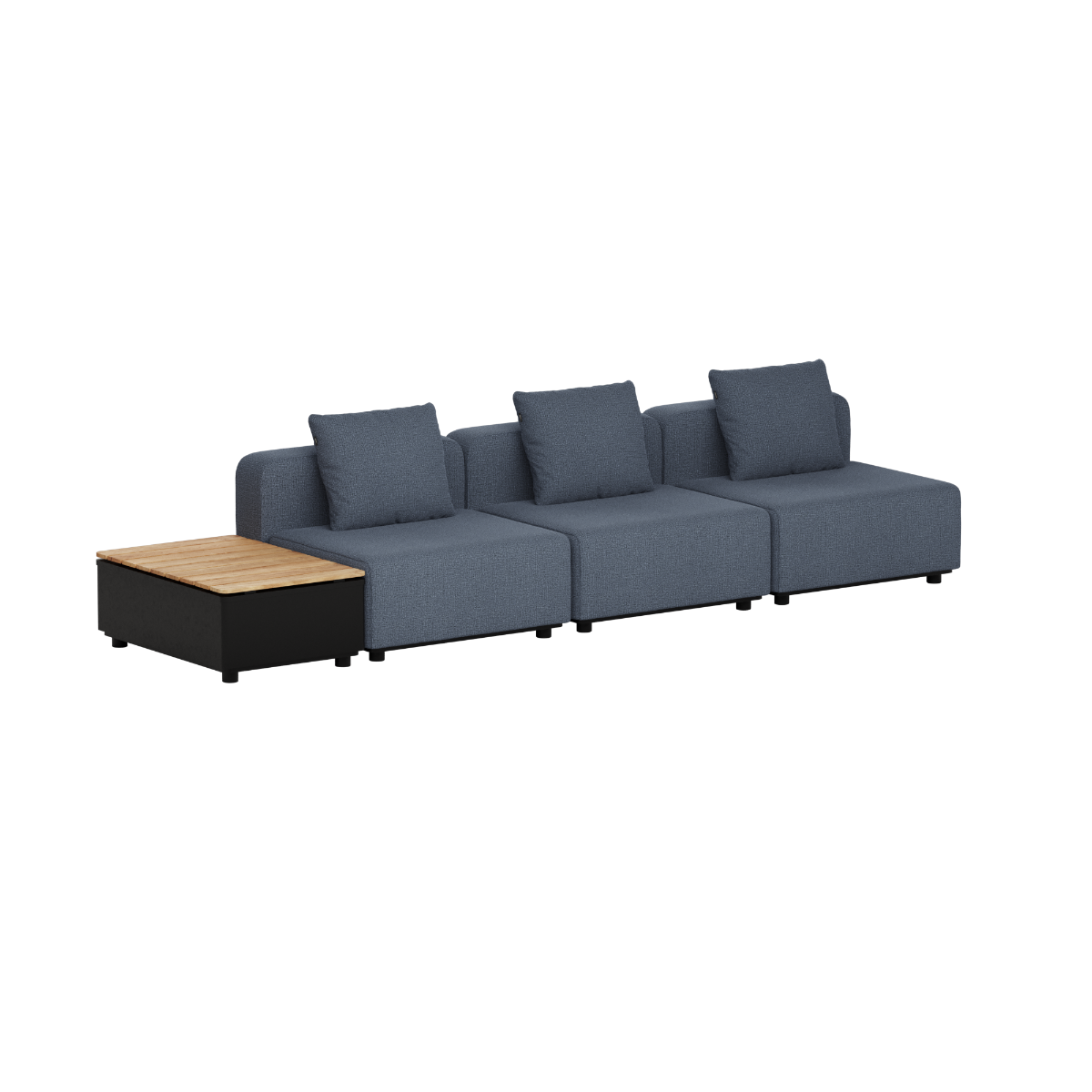 Modulbasert mørkegrå utesofa med tre sitteplasser og sidebord i teak, vist på sort bakgrunn. Dansk design fra sackit.