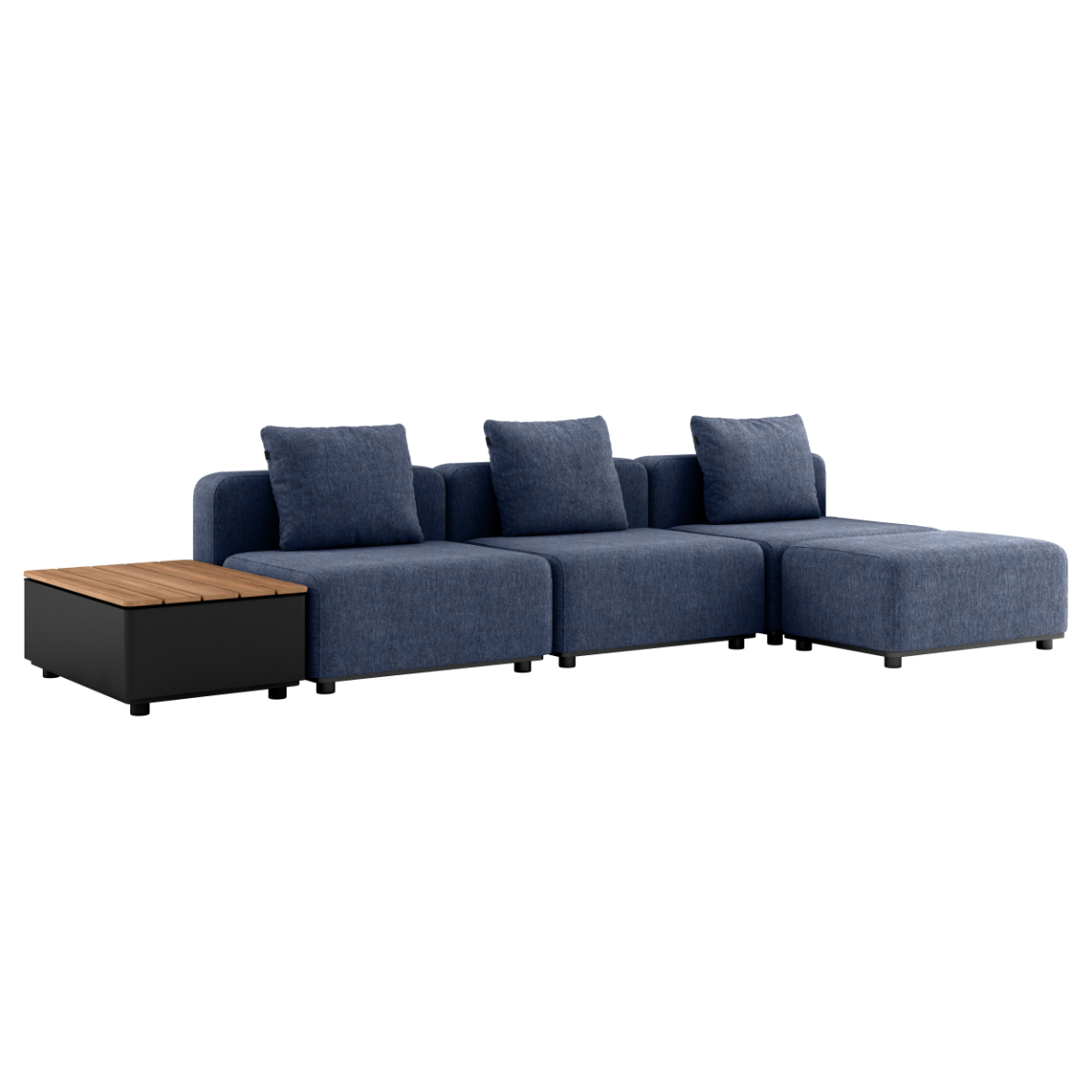 Cobana Lounge Sofa 3-seter i Kirra Indigo uten armlener med puff og Patio Storage Table i aluminium og teaktre.