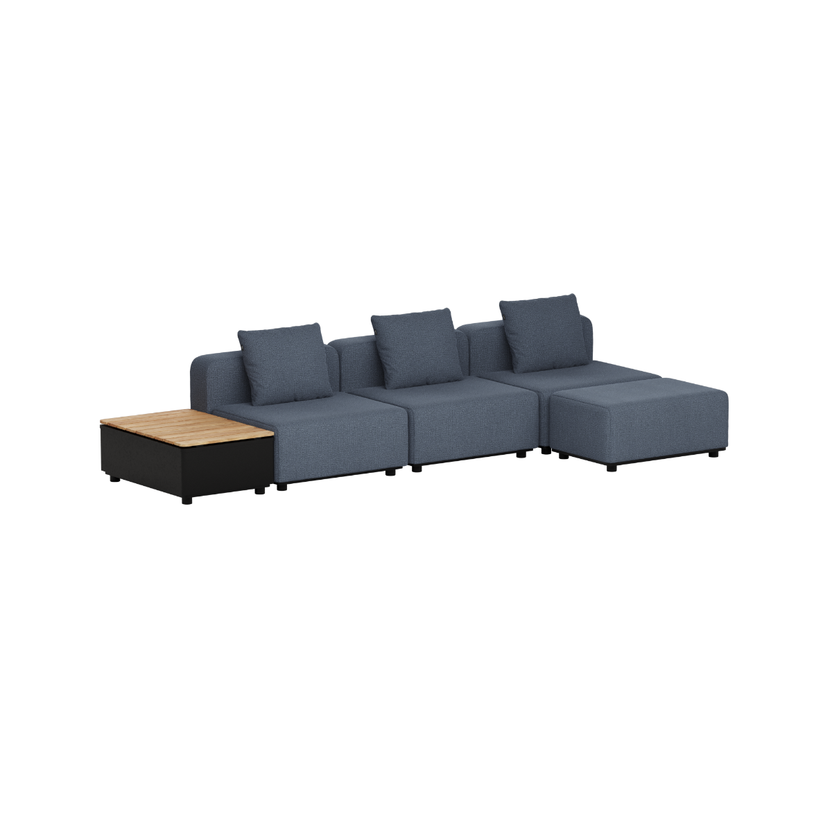 Mørkegrå modulsofa for utebruk med tre sitteplasser og integrert sidebord med teakplate fra sackit til terrasse eller hage