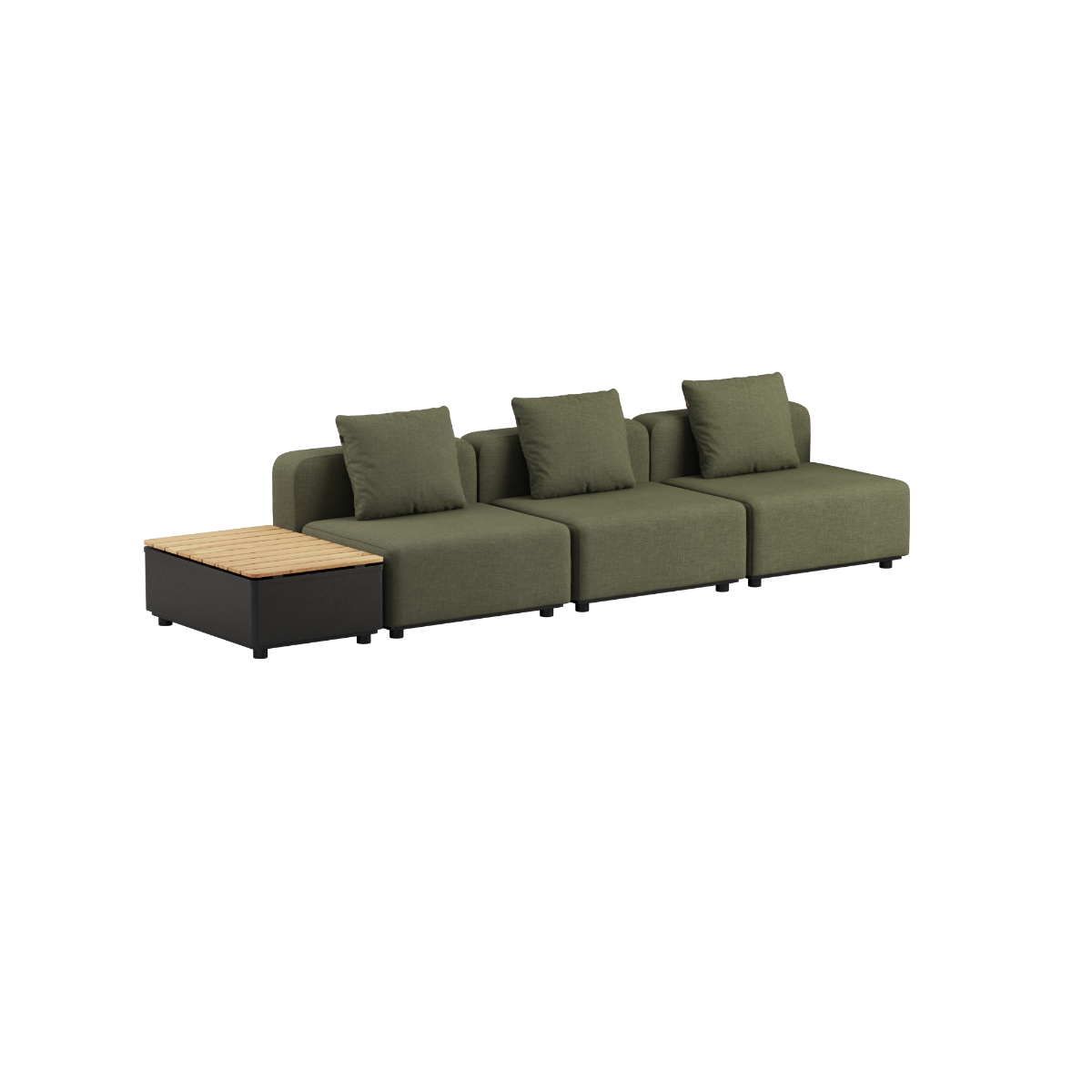 Kirra Olive Cobana Lounge Sofa uten armlener og puff med Patio Storage Table i aluminium og teaktre.