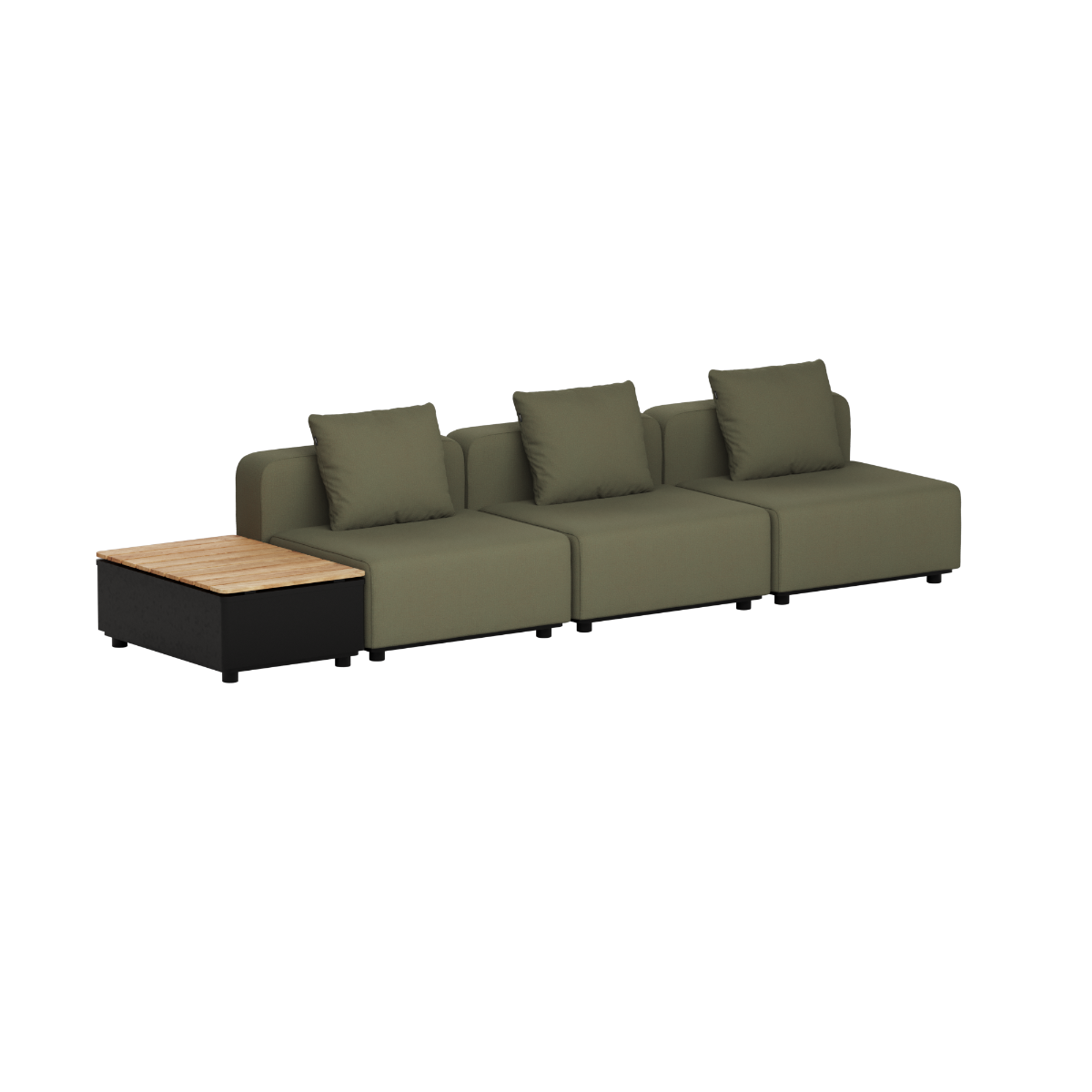 sackit Cobana loungesofa med tre sitteplasser og sidebord med oppbevaring og teakplate i værbestandig design for nordiske uteområder