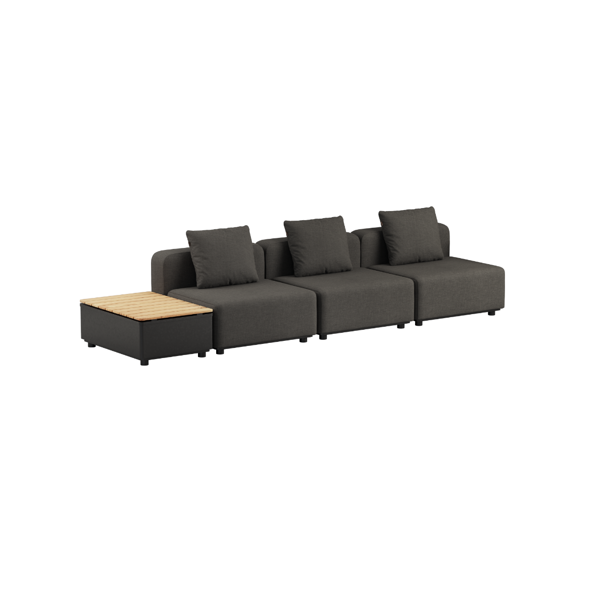 Svart Cobana Lounge Sofa uten armlener og puff med Patio Storage Table i aluminium og teaktre.
