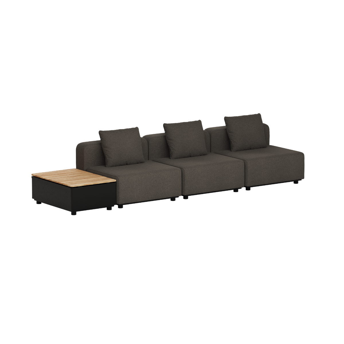 sackit Cobana modulbasert loungesofa for tre personer med integrert utebord i teak og mørke puter til terrasse eller hage