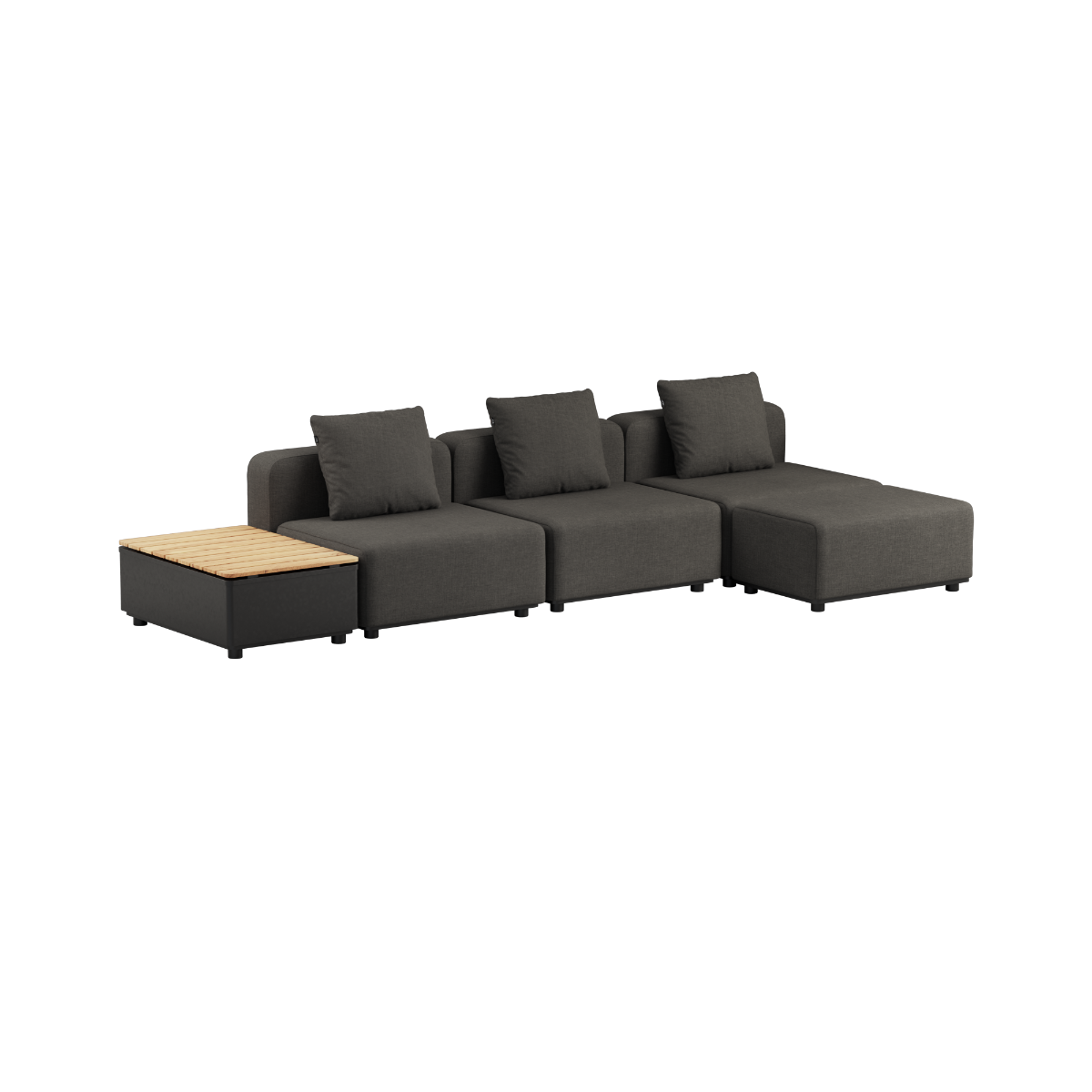 Sort Cobana Lounge Sofa uten armlener med puff og Patio Storage Table i aluminium og teaktre.