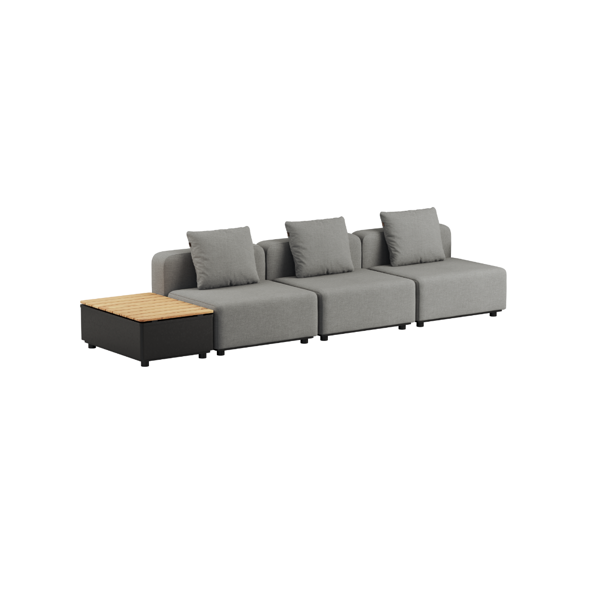 Cobana Lounge Sofa 3-seter i Kirra Grey uten armlener og puff med Patio Storage Table i aluminium og teaktre.