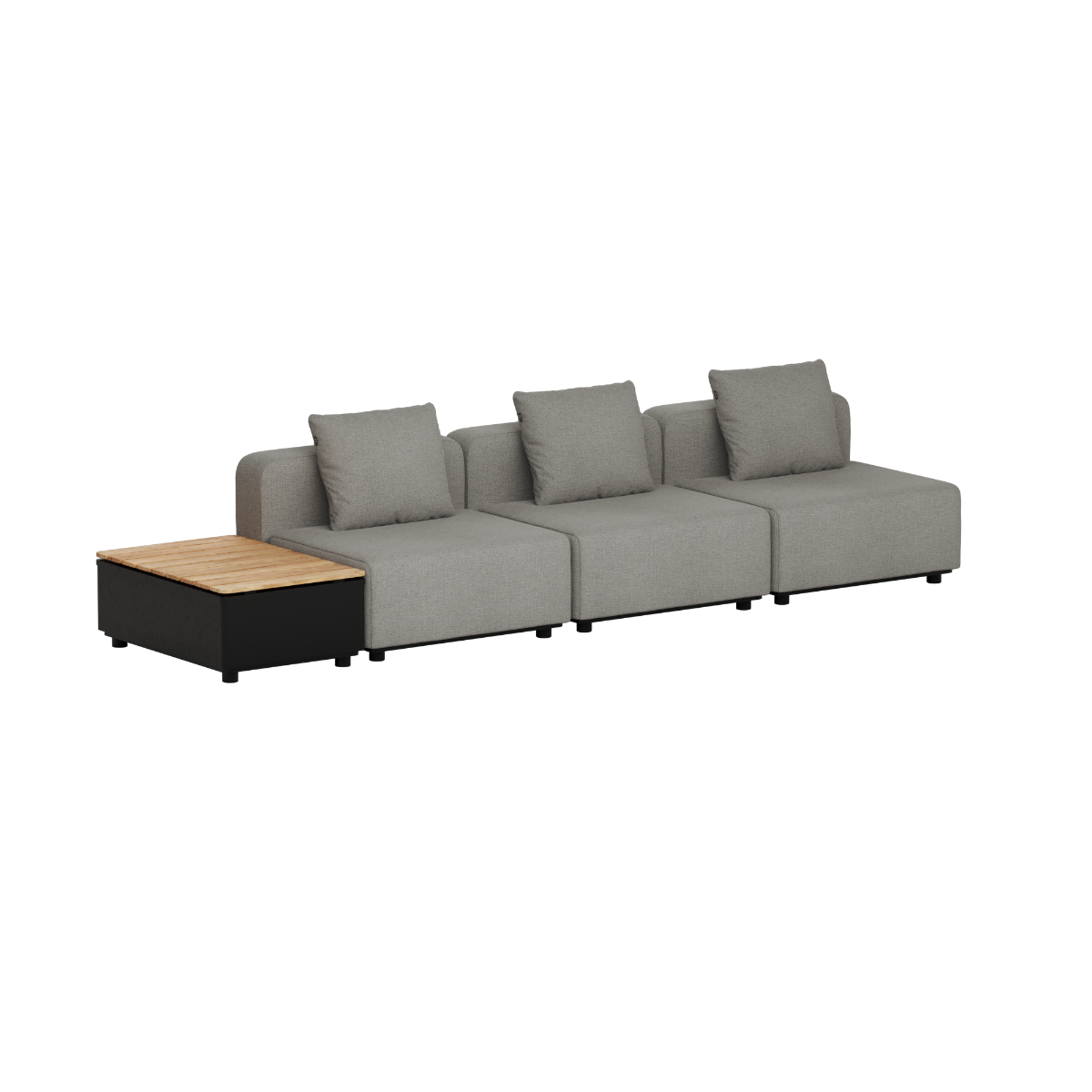Grå modulbasert utesofa med tre sitteplasser og integrert oppbevaringsbord i teak fra sackit for nordiske uteområder