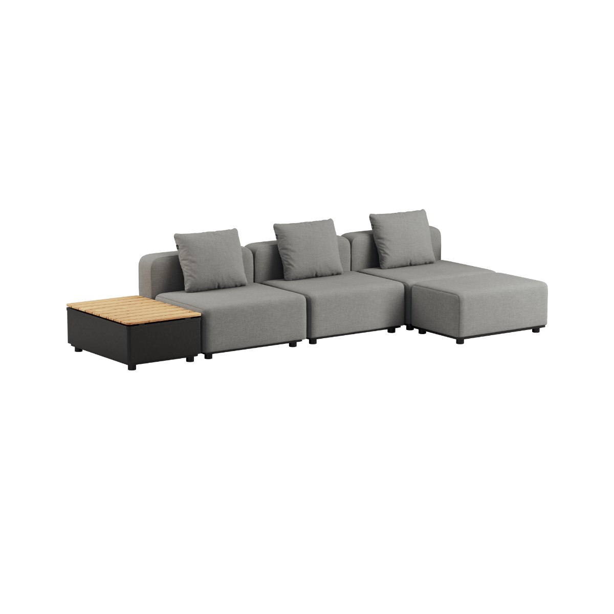 Kirra Grey Cobana Lounge Sofa 3-seter uten armlener med puff og Patio Storage Table i aluminium og teaktre.