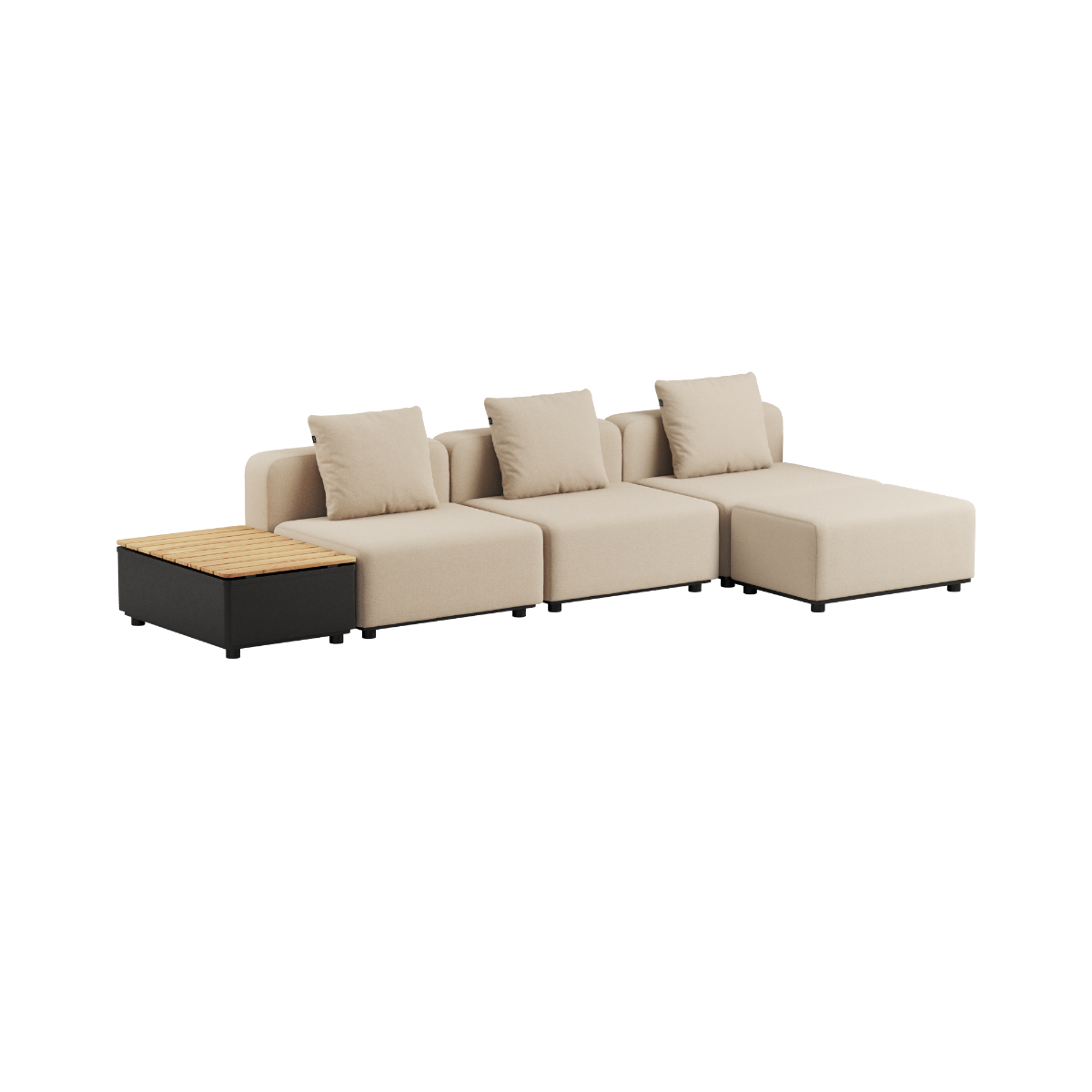 Boucle Beige Cobana Lounge Sofa 3-seter uten armlener med puff og Patio Storage Table i teak og aluminium.