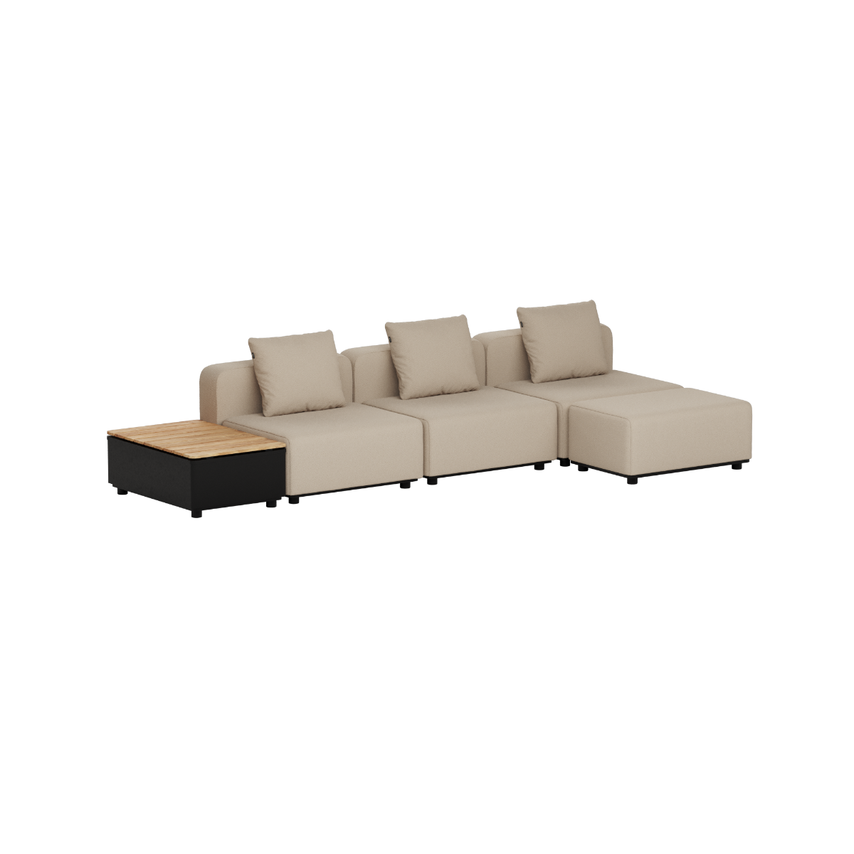 Beige modulbasert loungesofa for utendørs bruk med tre sitteplasser og integrert sidebord i teak fra sackit designet i Danmark for nordisk vær