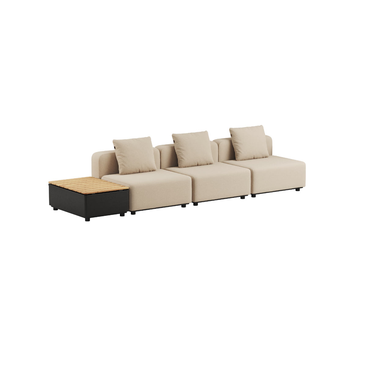 Boucle Beige Cobana Lounge Sofa uten armlener og puff med Patio Storage Table i aluminium og teaktre.