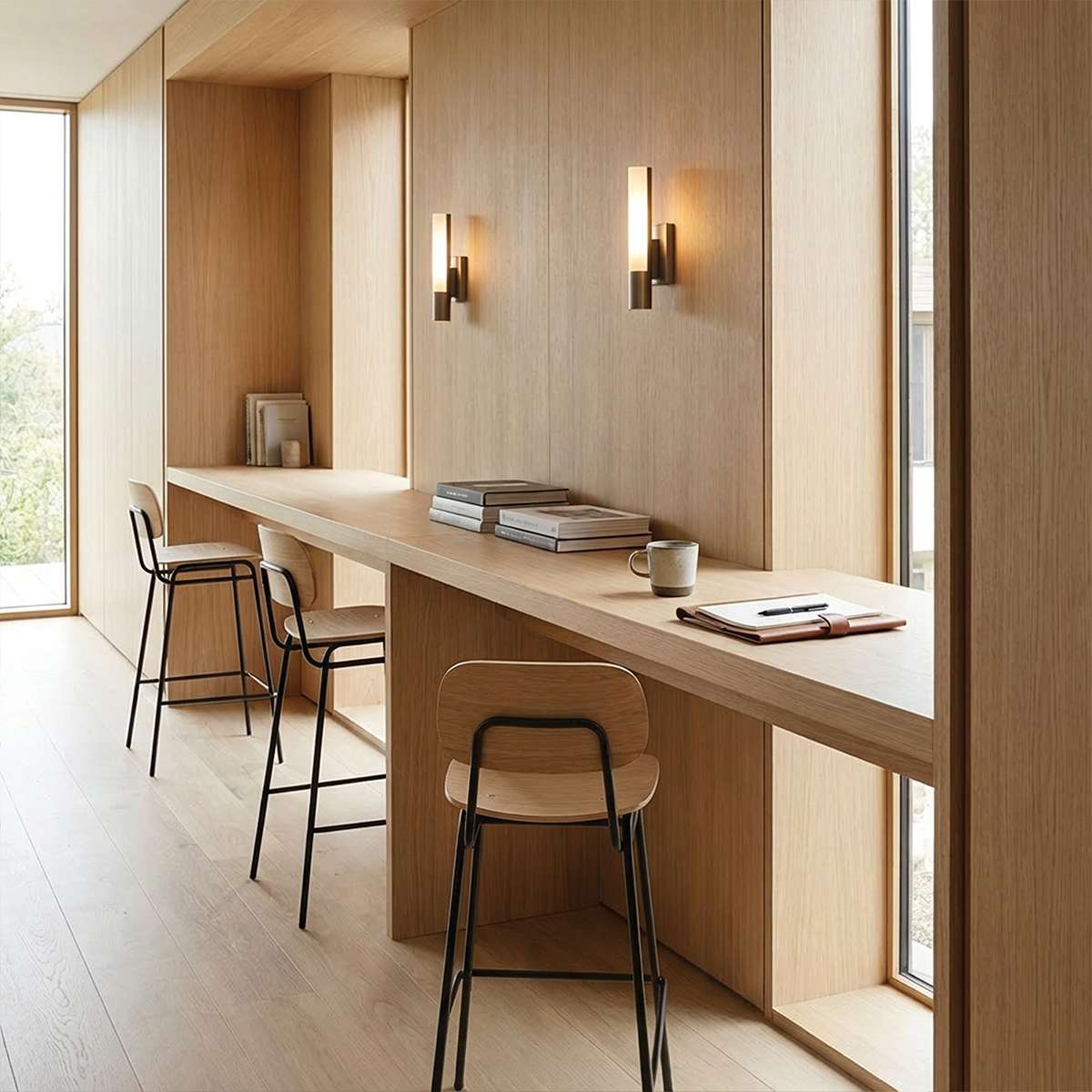Barkrakk med ryggstøtte i eikefinér og pulverlakkert stål med industrielt design.