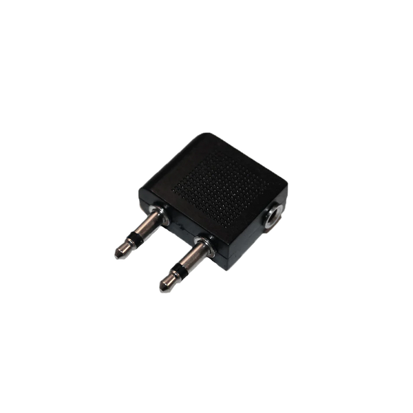 Airplane Jack Adapter i svart for tilkobling av hodetelefoner på flyets lydsystem.