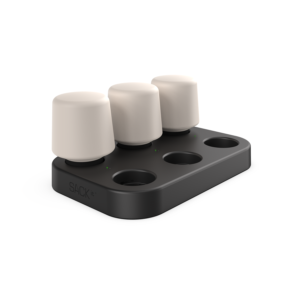 Svart ladestasjon i ABS-plast for seks Lamp Intelligent lamper, kompakt og rektangulær form.