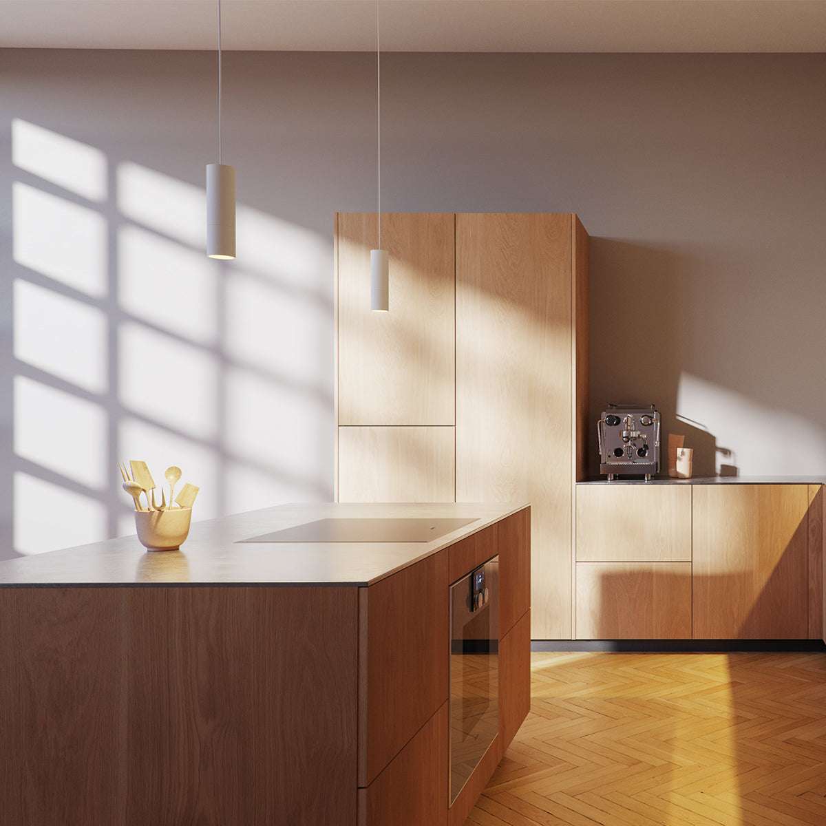 Hvit Expo Pendant pendellampe i aluminium med lang kabel, enkel og elegant design.