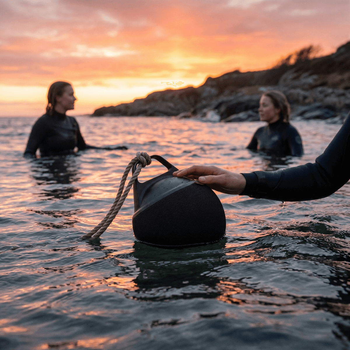 Play høyttaler og radio med rund form og tauhåndtak i hamp, i vanntett design.