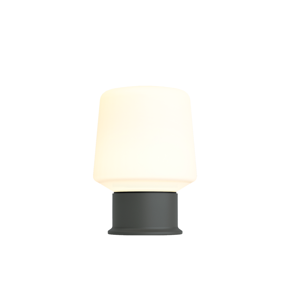 sackit trådløs bordlampe med varm hvit skjerm og mørk base på svart bakgrunn