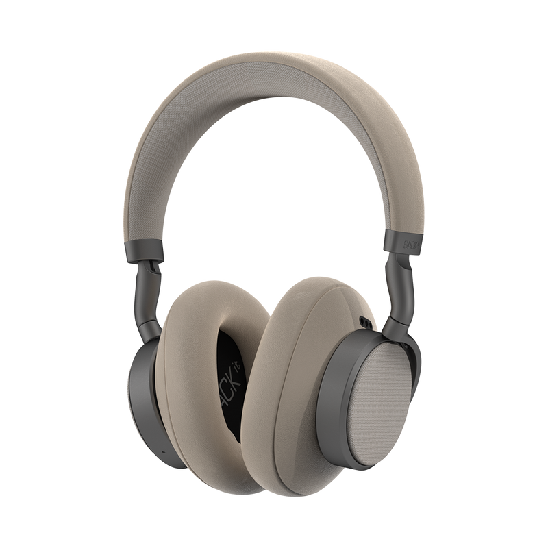 Beige SACKit Touch 410 trådløse hodetelefoner med roterbare øreklokker i PU-lær og KVADRAT Revive-stoff.