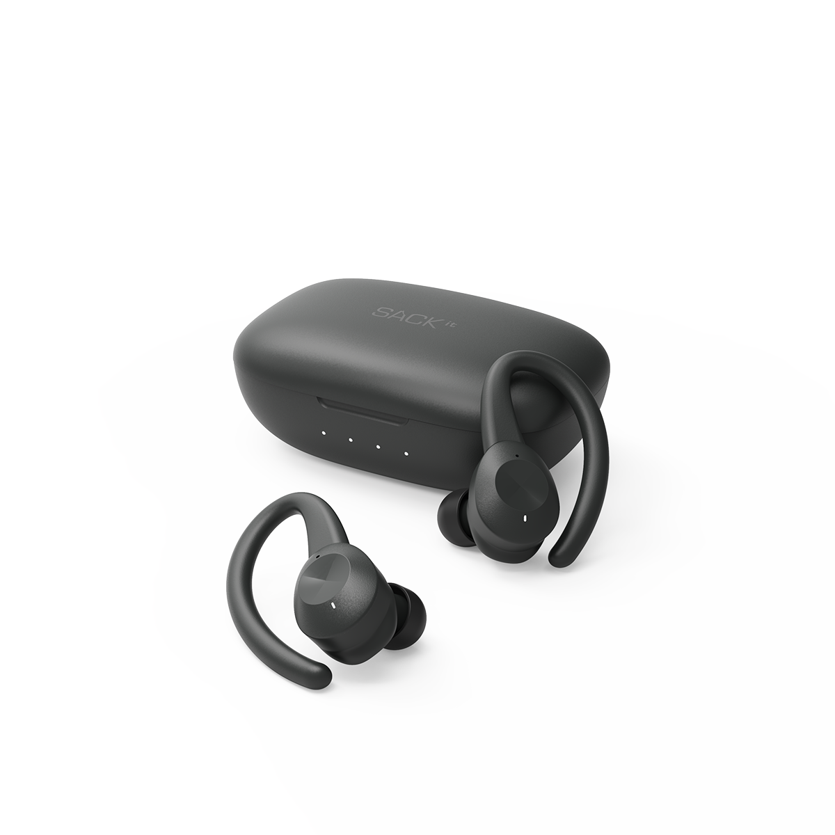 SACKit Active 200 trådløse høretelefoner med ladeboks i svart og hvitt design.