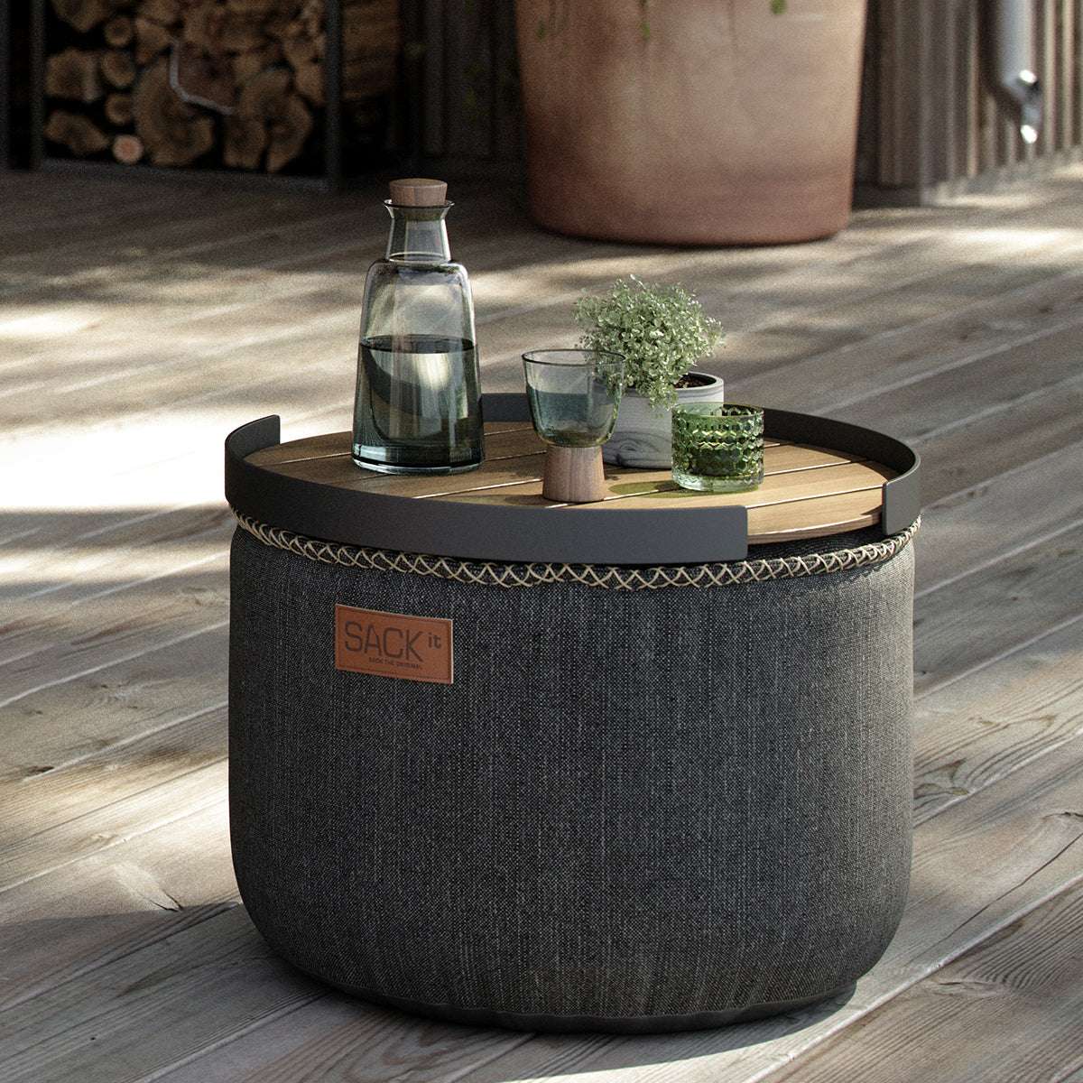 Patio Serving Tray i teak med pulverlakkert aluminiumsramme, rektangulært serveringsbrett for ute- og innebruk.