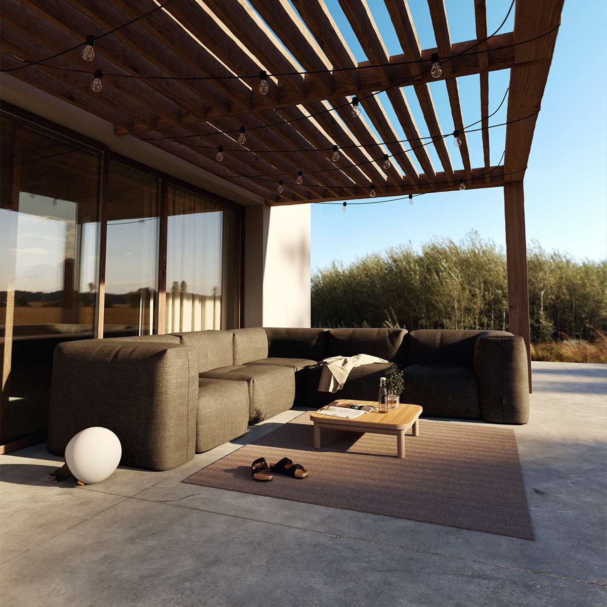 Soft Sofa Outdoor hjørnesofa i mørk Kirra Noir, myk og formstabil uten ramme, utendørs bruk.