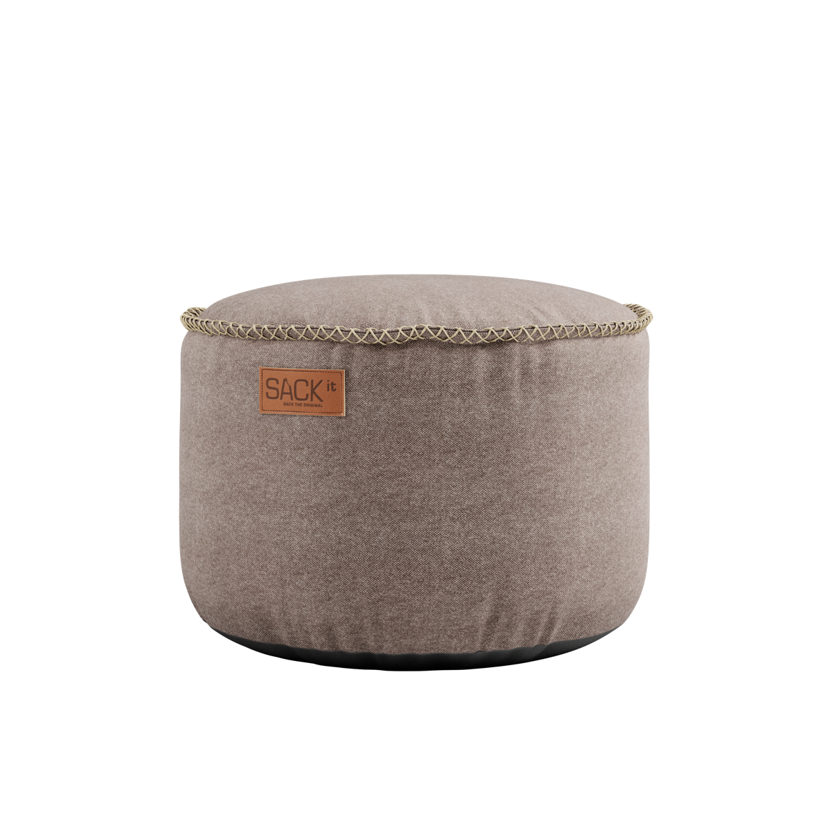 Rund beige tekstilpuff i slitesterk canvas med sydd kant og sort underside fra sackit, egnet som fotskammel eller ekstra sitteplass i nordisk interiør