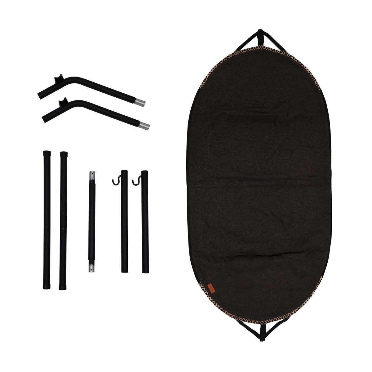 Cobana Hammock med svart aluminiumsstativ og grått vannavvisende stoff i hengekøyeform.