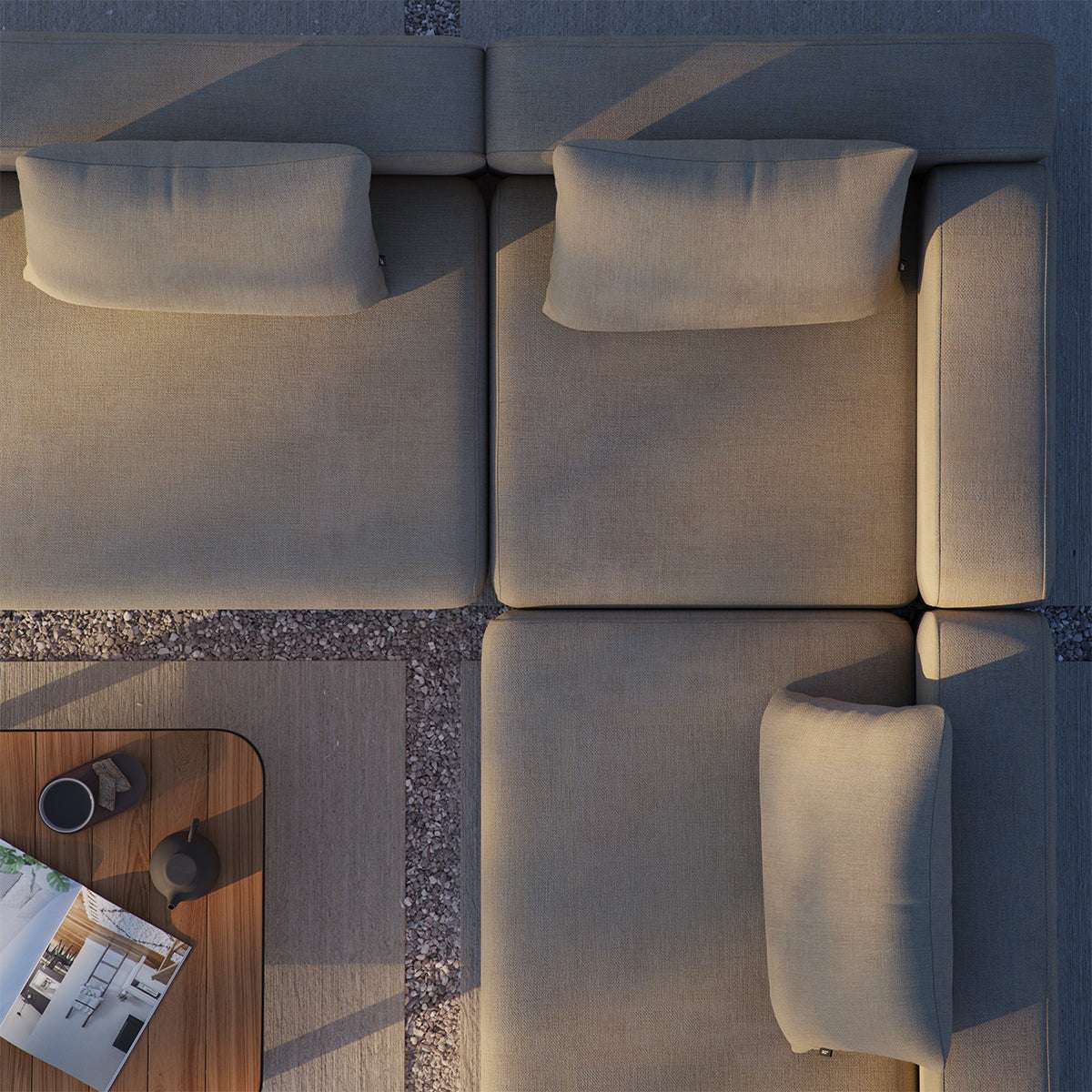 Hjørnesofa Cobana Lounge i Kirra Sand med pulverlakkert aluminiumsramme og olefintekstil.