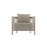 Kirra Lounge Chair i sandfarget olefin-tekstil med aluminiumsramme, utendørs loungestol.