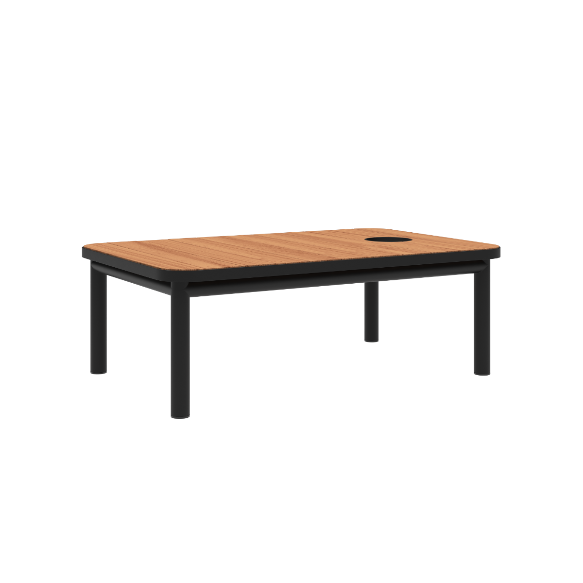 Kirra Coffee Table i svart pulverlakkert aluminium med teakbordplate og tilbehør montert, utendørs sofabord.