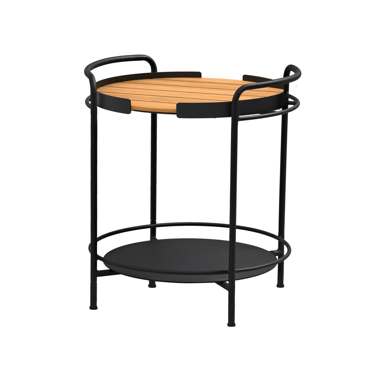 SACKit Patio Serving Table i rustfritt stål med matt overflate og Patio Serving Tray i teaktre og aluminiumsramme.