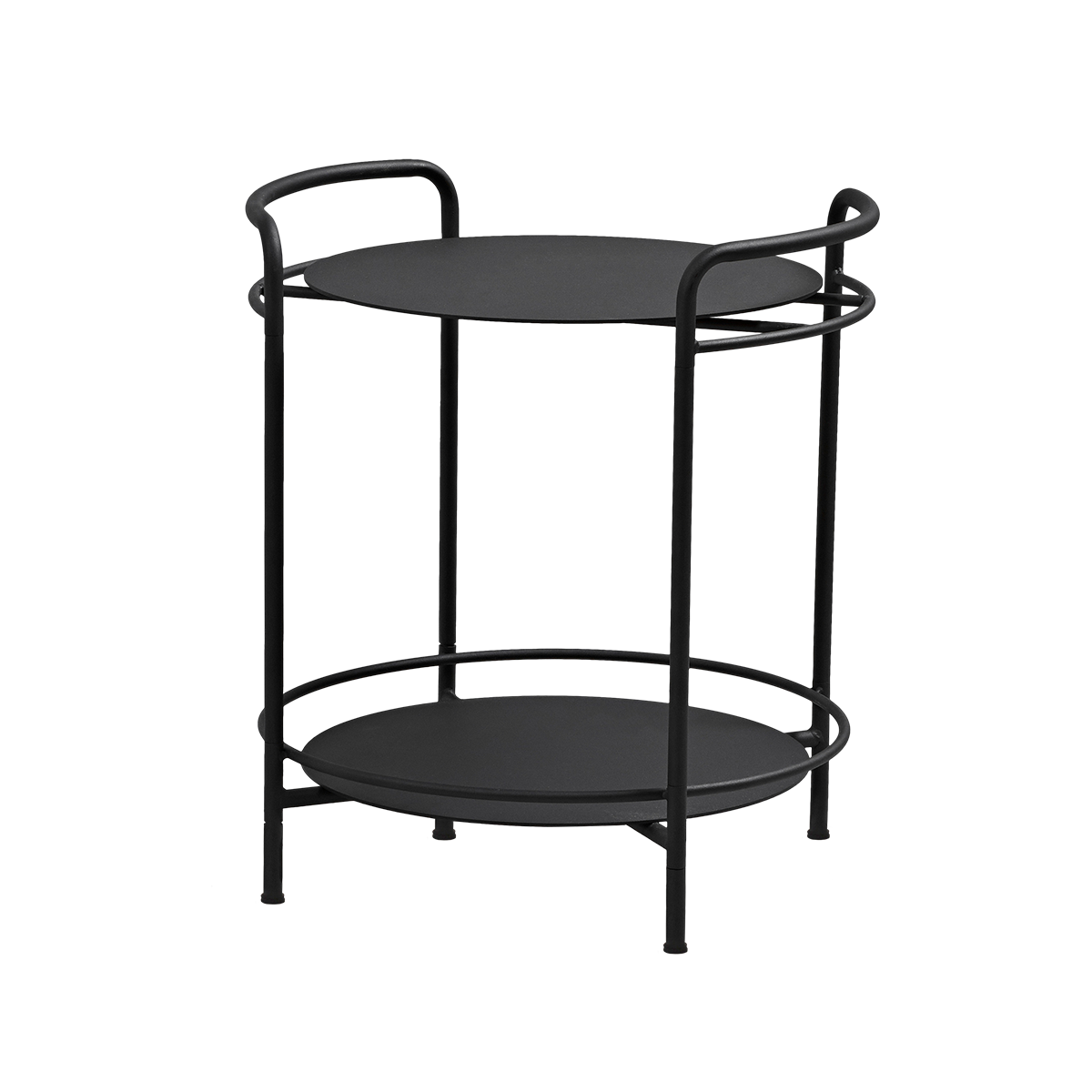 SACKit Patio Serving Table i rustfritt stål med matt, buet design og teak serveringsbrett.