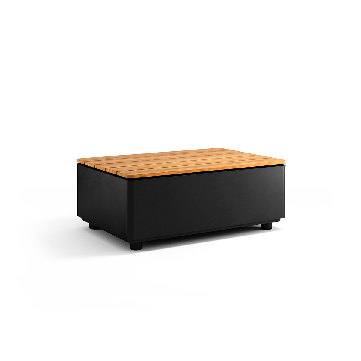 SACKit Patio Storage Table i svart pulverlakkert aluminium med teakplate, hjørnebord med oppbevaring.