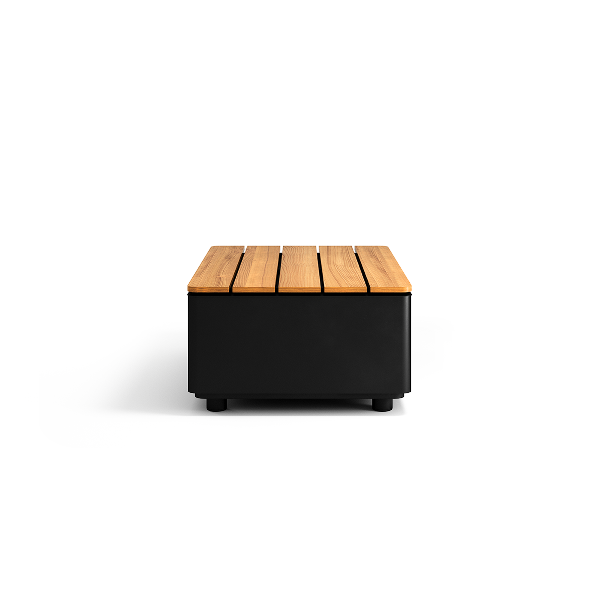 SACKit Patio Storage Table i svart pulverlakkert aluminium og teak med oppbevaringsrom, utendørs salongbord.