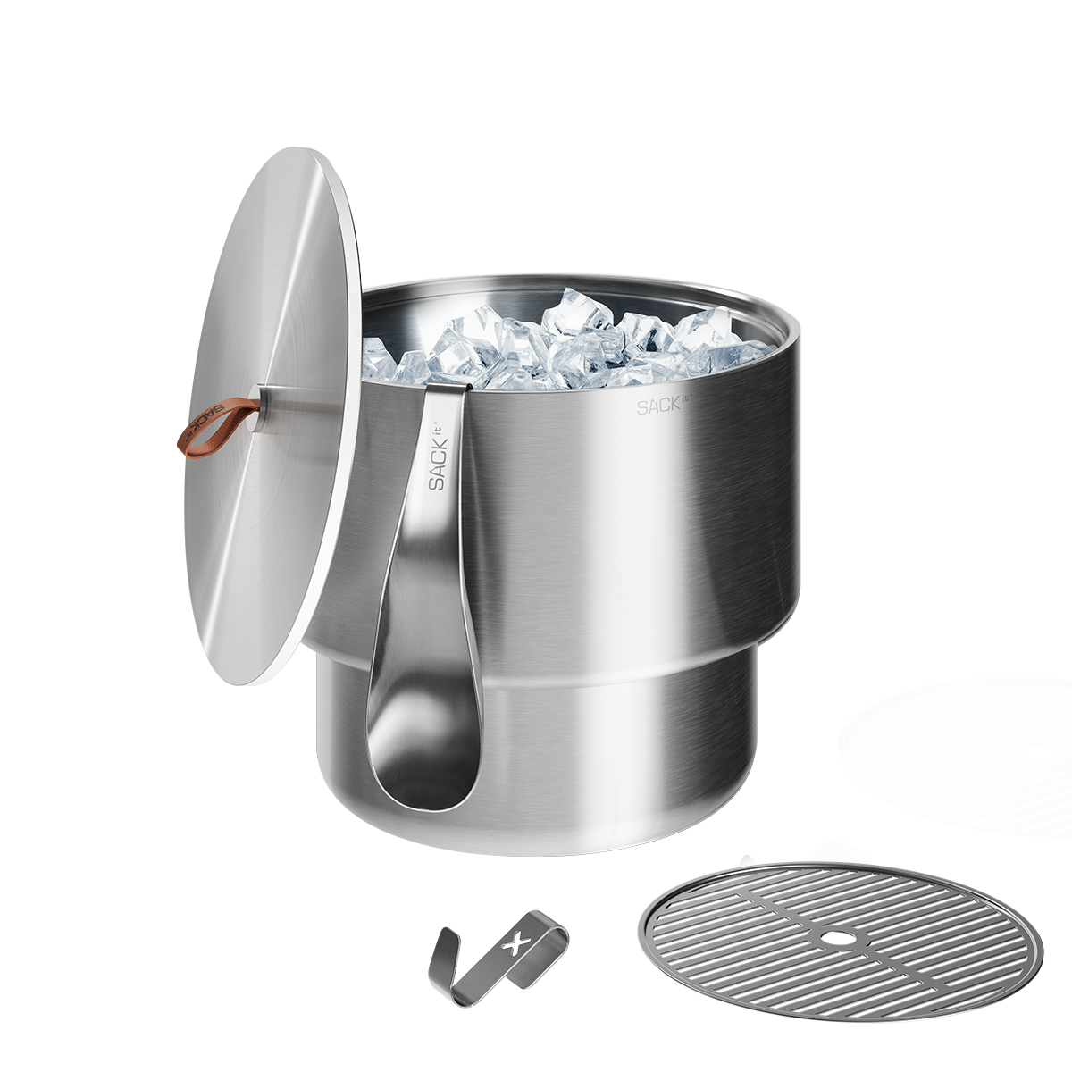 Rustfri stålvinkjøler med tilbehør, rund form, isolert og rommer fire flasker.