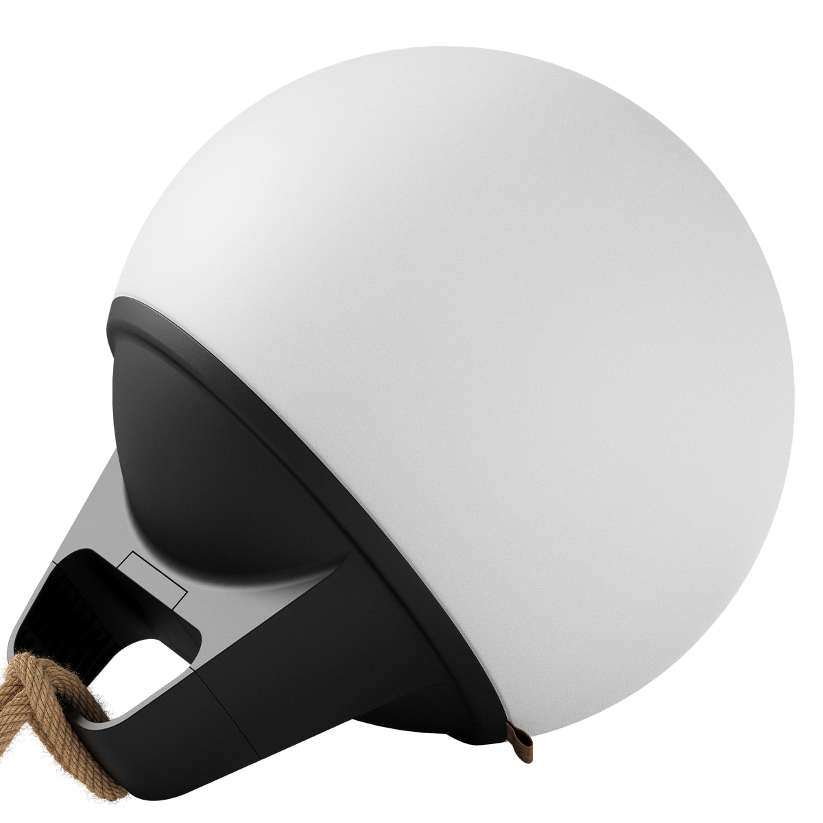 SACKit Light 350 rund utendørslampe med hvit lyskule og tauhåndtak, dansk design.