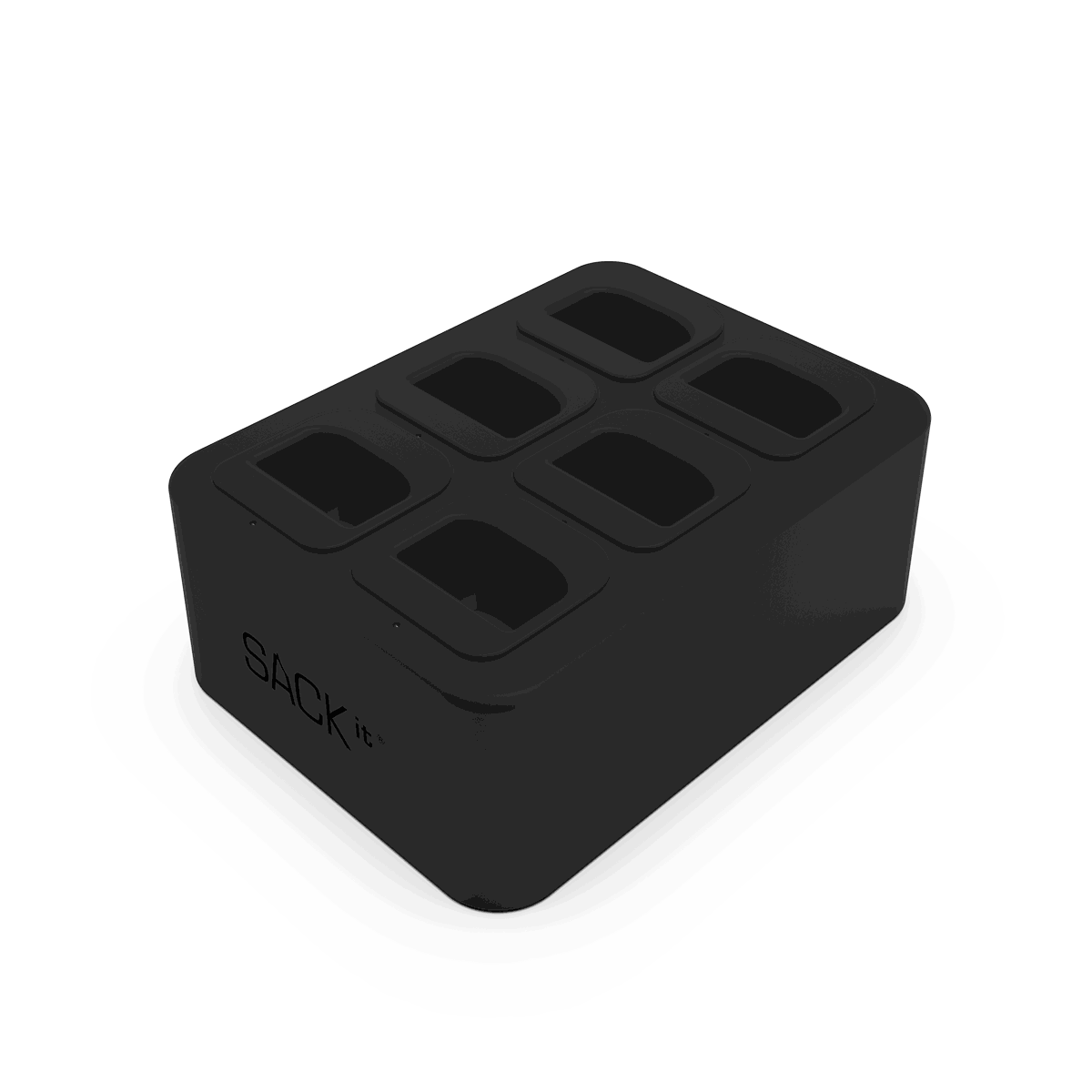 Hvit Battery Charging Station i ABS-plast med plass til seks batterier og med kabel for lading.