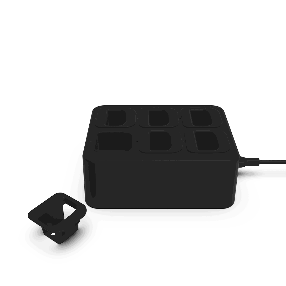 Hvit Battery Charging Station i ABS-plastikk med seks ladepunkter og medfølgende kabel og adaptere.