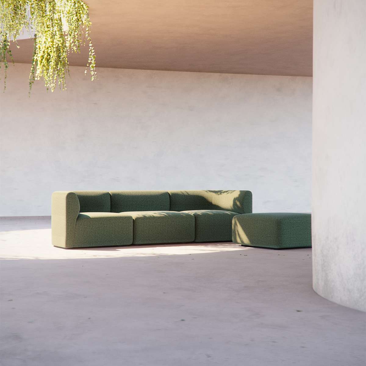 Fjord Sofa hjørneseksjon venstre i mykt, olivengrønt stoff med skandinavisk design.