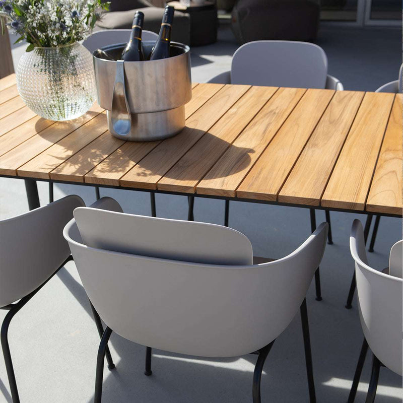 Taupe Patio Chair no. One S2 with black steel frame, outdoor dining chair with ergonomic design and drainage holes