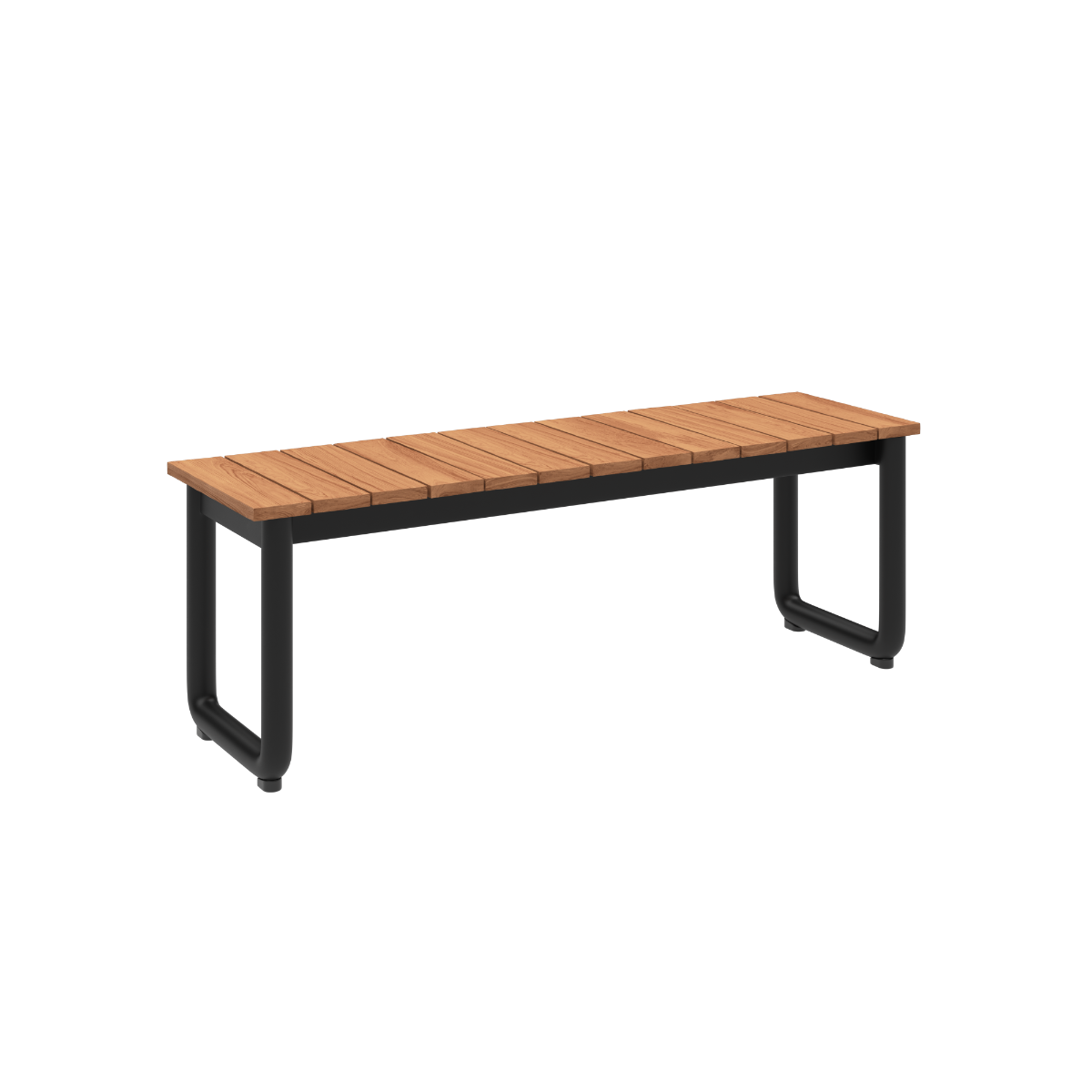 Utendørs benk med sete i FSC sertifisert teak og sort pulverlakkert aluminiumsramme fra sackit for nordiske uteområder