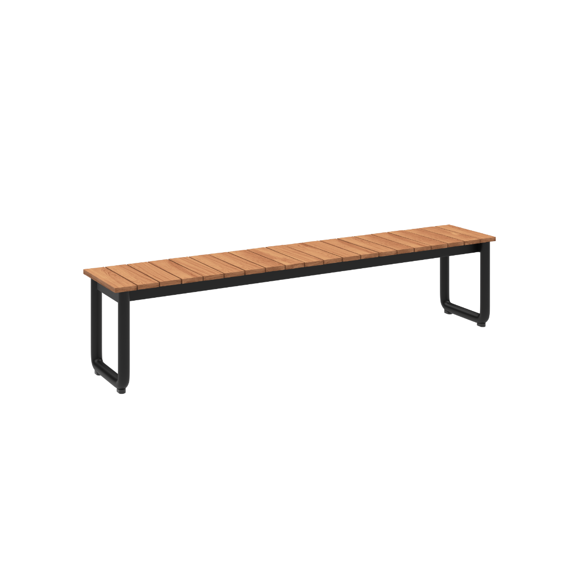 sackit utebenk med sete i FSC sertifisert teak og sort pulverlakkert aluminiumsramme for stilfulle og værbestandige uteområder