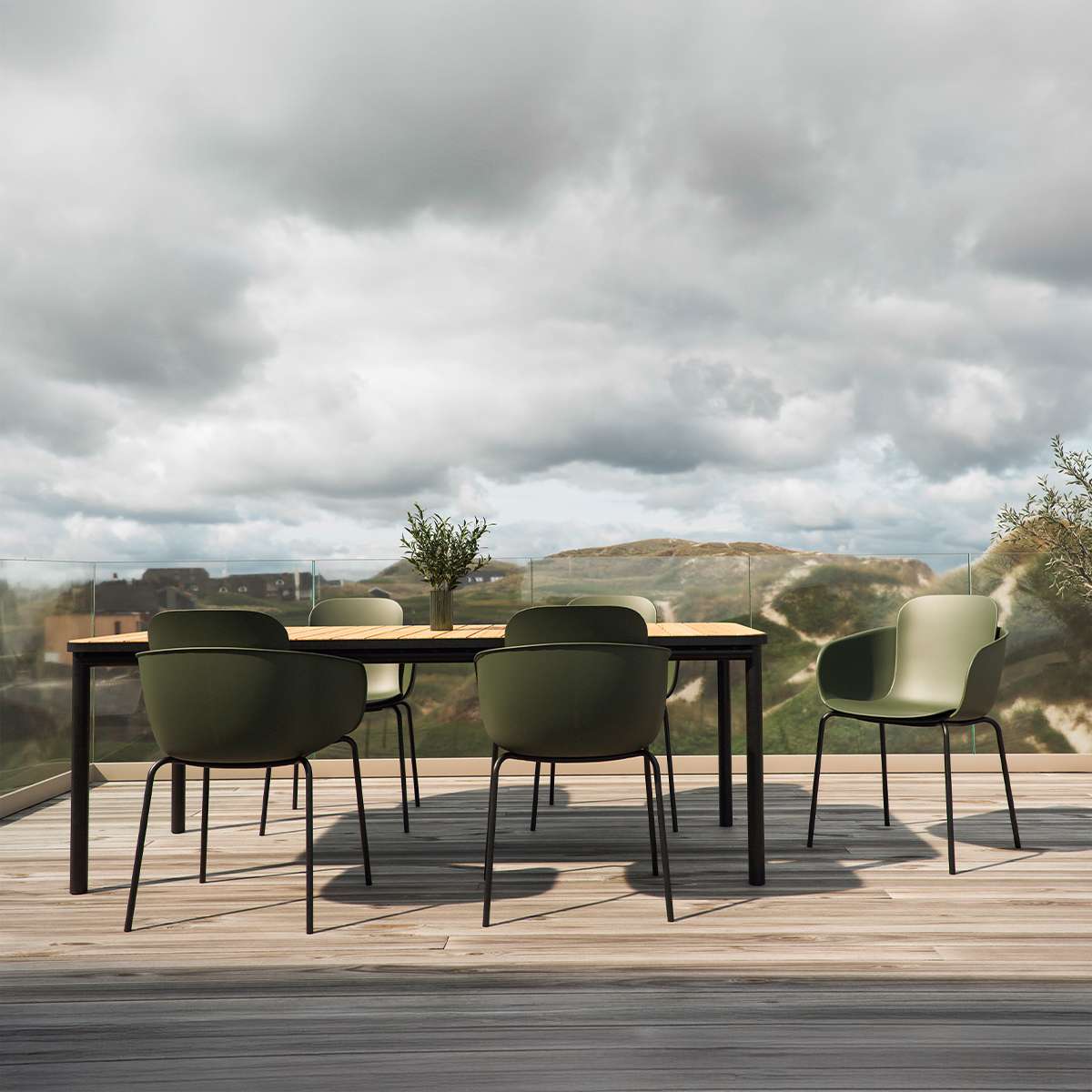 Utendørs spisebord i pulverlakkert aluminium og ubehandlet teak, rektangulært 210x90 cm.