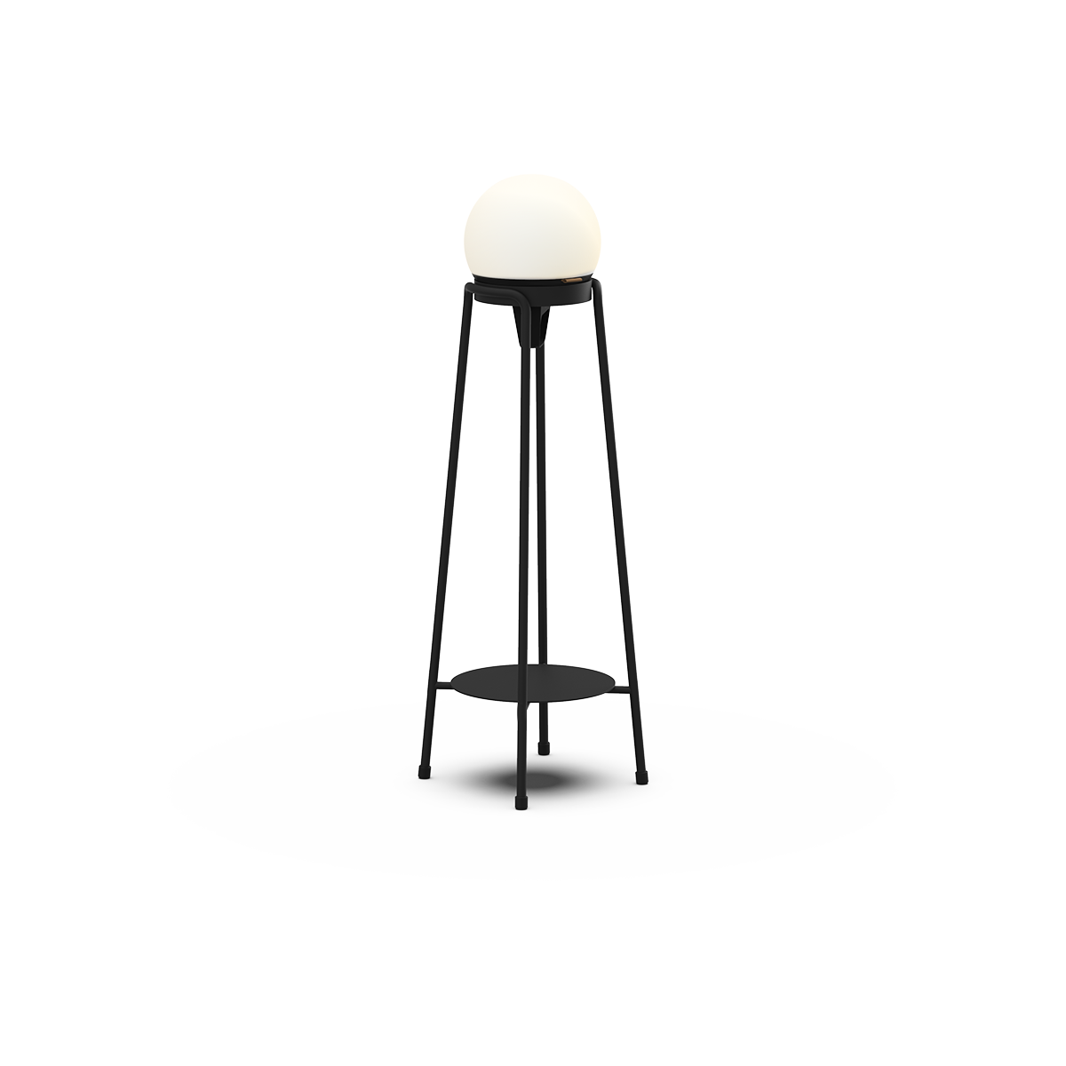 Sort pulverlakkert rustfritt stål Patio Accessory Stand med hvit Light 155 lyskule og hemp-tau håndtak.